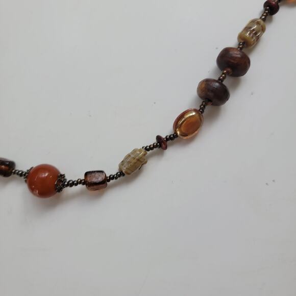 Vintage Glass Bead Necklace with Brown, Amber & Cream Tones, Boho Retro Jewelry - Picture 7 of 10
